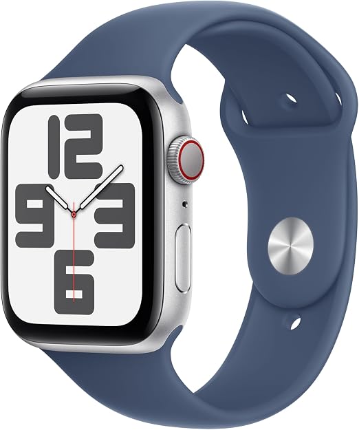 Apple Watch SE (2nd Gen) 44 mm GPS + Cellular Smart Watch with Silver Aluminium Case and Denim Sport Strap (S/M). Activity and Sleep Tracking, Accident Detection, Heart Rate Monitoring - Image 1