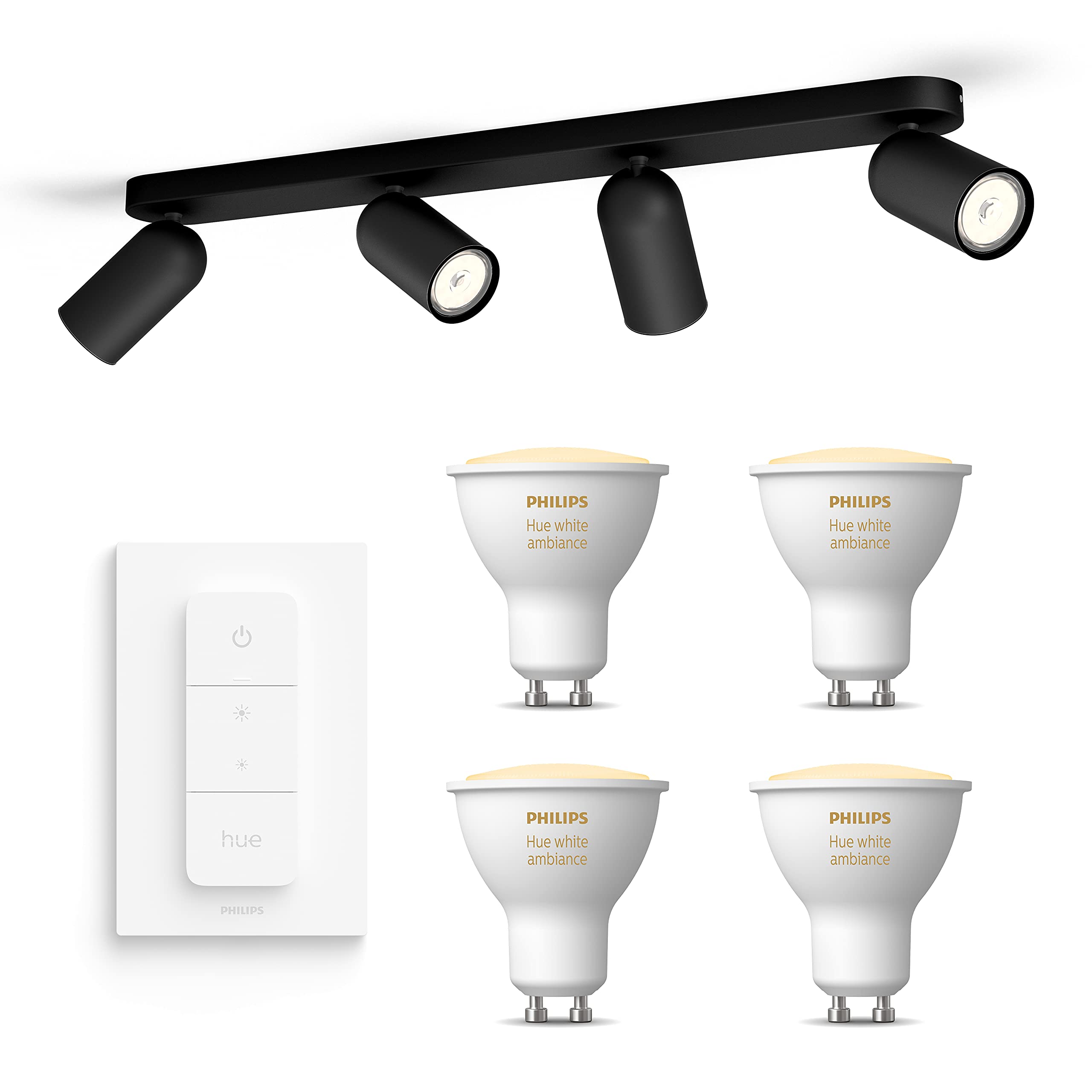 Philips Myliving Pongee Recessed Spotlight - Black - 4 Light Points - Includes Philips Hue White Ambiance GU10 & Dimmer - Image 1