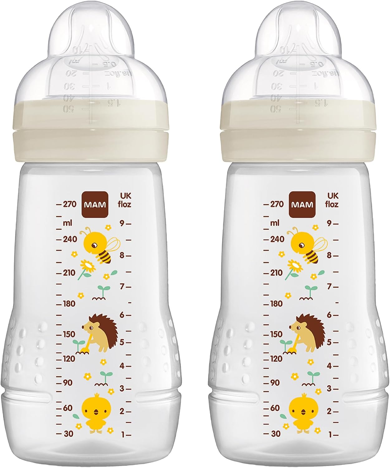 MAM Easy Active Baby Bottles, 270 ml, with MAM Teat, SkinSoft Silicone, Baby Bottles with Ergonomic Shape, for Babies from 0 Months, Bee/Hedgehog, Set of 2 - Image 1