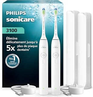 Brosse à dents électrique Philips Sonicare série 3000 – capteur de pression, 3 intensités, EasyStart, SmarTimer, autonomie 14 j, étui de voyage, pack de 2, coloris blanc, HX4072/41, [Nouveau] - Image 1