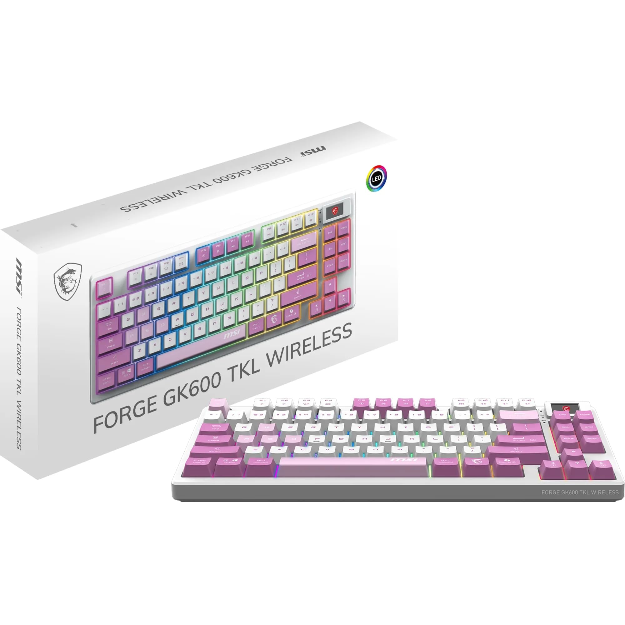 MSI Forge GK600 TKL Wireless Purple FR Mechanical AZERTY Keyboard with Linear Switches - Sublimation Printed PBT Keys, Non-slip Base, RGB LED, USB 2.0, Bluetooth, 2.4 GHz - Tenkeyless - Image 1