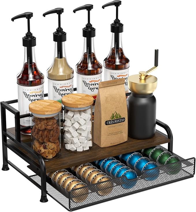 Tiroir de rangement de café, 3 niveaux pour 8 bouteilles de sirop avec tiroir pour dosettes Nespresso, peut contenir jusqu'à 30 grandes ou 40 petites capsules, pour Cuisine, Maison, Bureau - Image 1