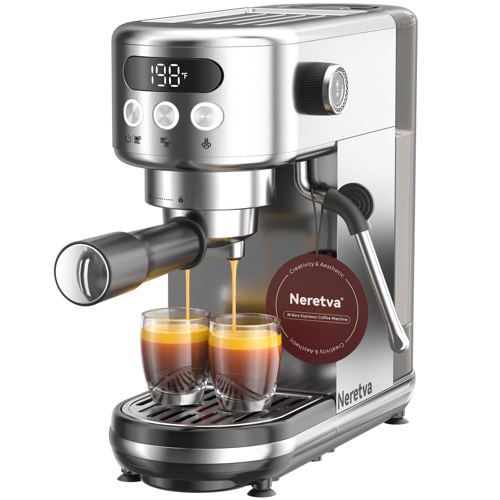 Neretva Machine a Cafe 20 Bar, Cafetière Expresso 1350W Compacte En Acier Inoxydable Avec Mousseur À Lait & Écran LED Machine à Cafe Utiliser Pour La Maison Capacité 1,3L - Espresso/Macchiato/Latte - Image 1