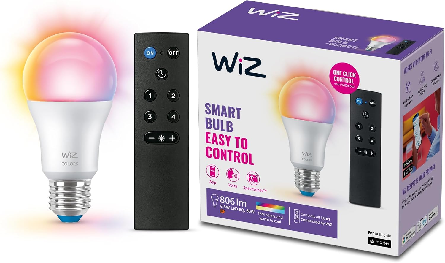 WiZ, kit ampoule connectée E27 Wi-Fi + télécommande, équivalent 60W, fonctionne avec Alexa, Google Assistant - Image 1