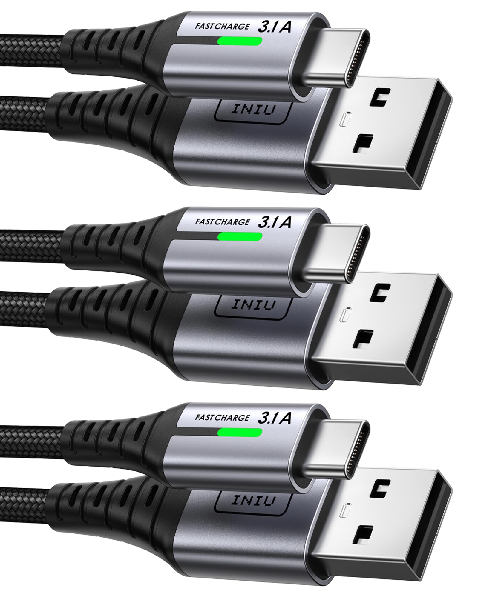 INIU USB C Cable Quick Charge 3.1A, [2m+2m+0.5m/Pack of 3] USB to USB C Cable, Nylon Charger Cable Type C USB A USBC Cord for Samsung Galaxy S21 S20 A34 iPhone 15 Pro Google Pixel 7 Xiaomi PS5 - Image 1