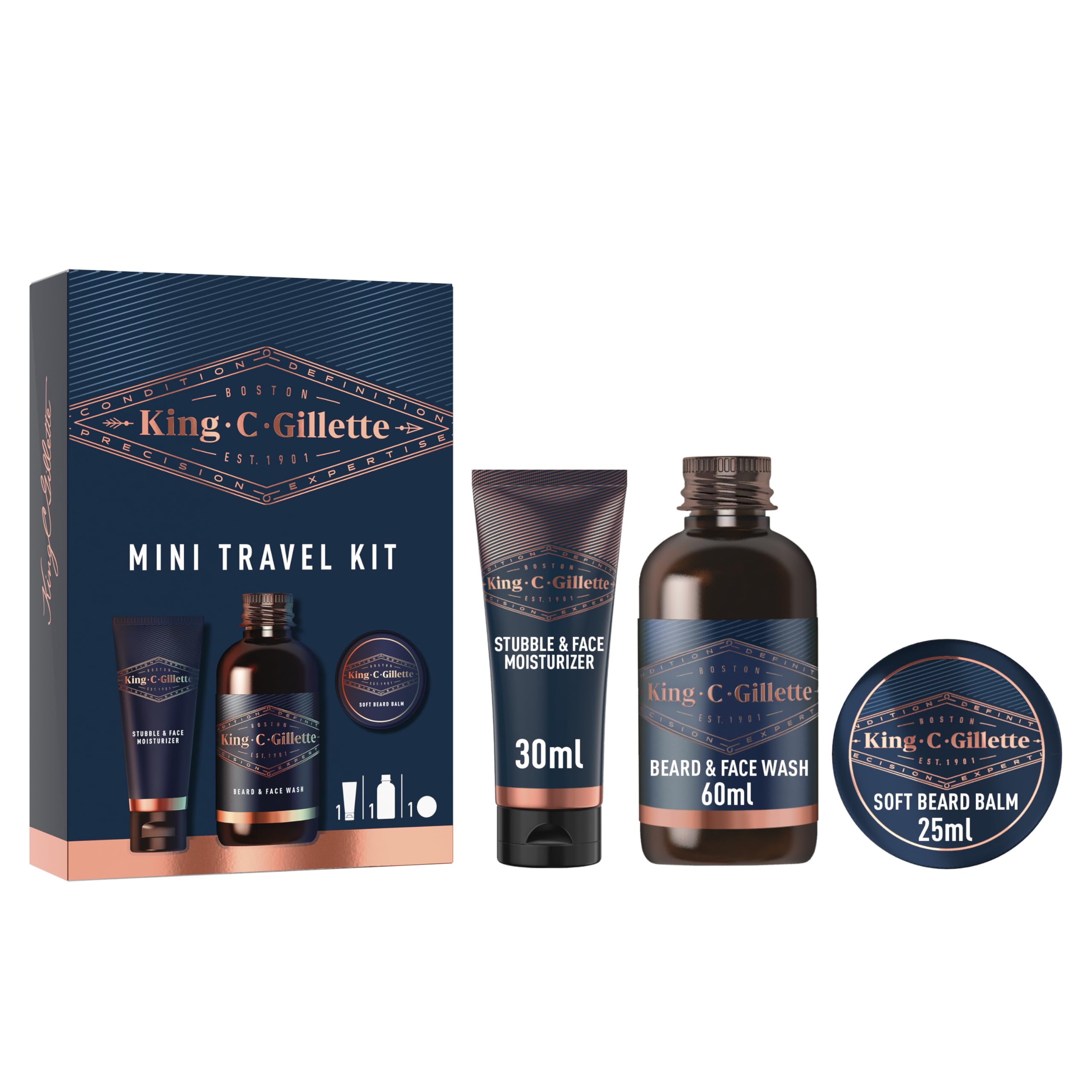 Gillette King C. Men's Beard Set, Mini Travel Kit Face Care Essentials, 3 Day Moisturizing Beard Care, Cleanser, Cocoa Butter Balm to Complete Shaving Routine - Image 1