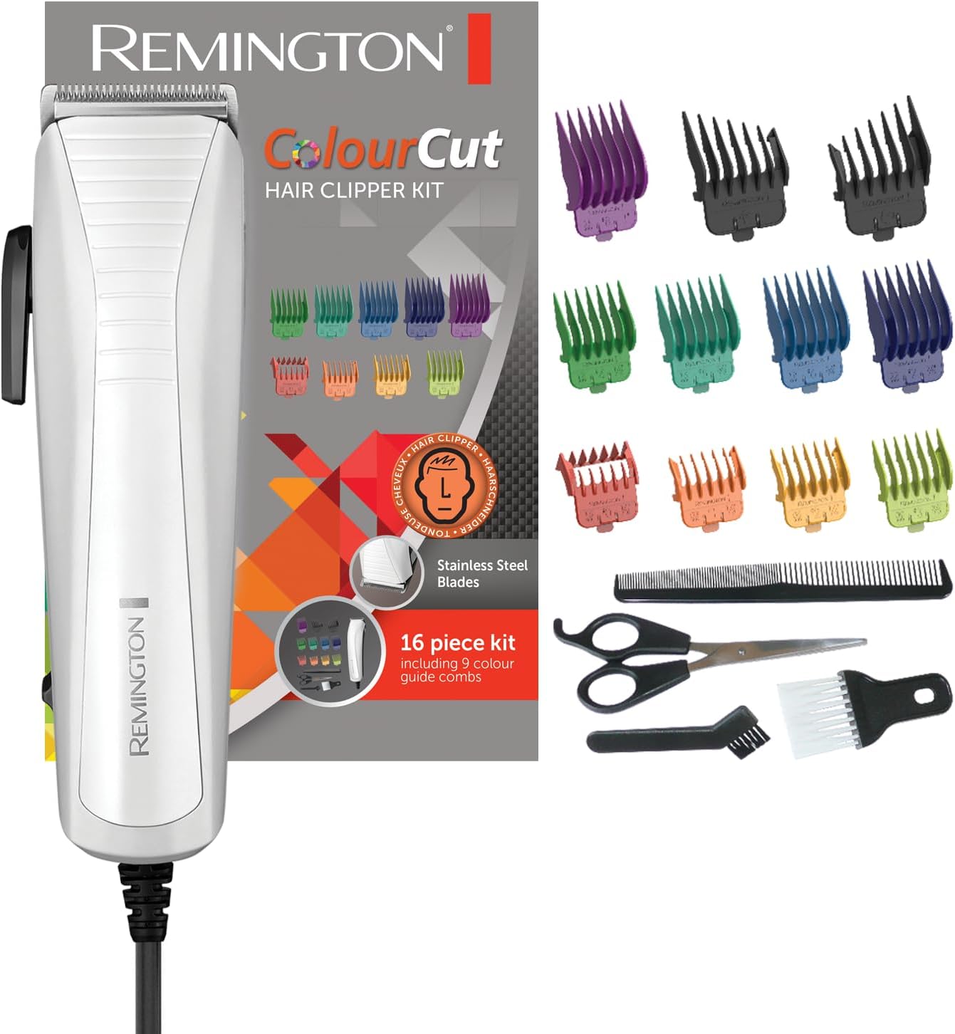 Remington Hair Clipper [Family Ideal] ColorCut (Easy Use, Self-Sharpening Stainless Steel Blades, AC, 11 Coloured Combs 1.5-25 mm, Comb, Scissors) HC5035 Trimmer - Image 1