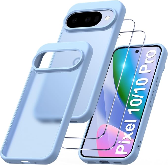 Qasyfanc Google Pixel 10/10 Pro Case with 2 Tempered Glass, [Camera Protection] [Anti-Yellow] PC Back Hard Soft Silicone Bumper Hybrid Shockproof Case for Pixel 10/10 Pro -Light Blue - Image 1