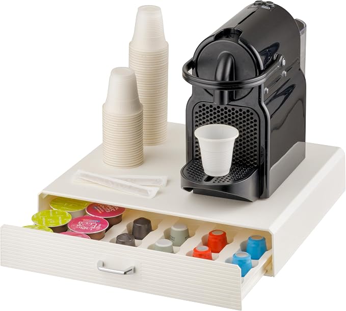 Baroni Home Coffee Capsule Holder, Universal Pod Holder Organizer for Nespresso and Dolce Gusto, Capacity of 30 Capsules, Compact Durable Plastic, 1 Drawer, 34 x 6 x 34 cm, White - Image 1