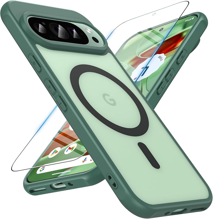 OWKEY Magnetic Case for Google Pixel 9 /Google Pixel 9 Pro 2024[Compatible with MagSafe][with Tempered Glass][Translucent Matte] Shockproof PC Hard Case for Pixel 9/Pixel 9 Pro (Green) - Image 1