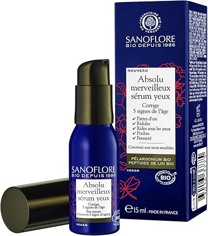 Sanoflore Absolute Merveilleux Eye Serum - Certified Organic Anti-Wrinkle Eye Serum - Organic Pelargonium - Organic Flax Peptides - Natural Caffeine - 15ml - Image 1