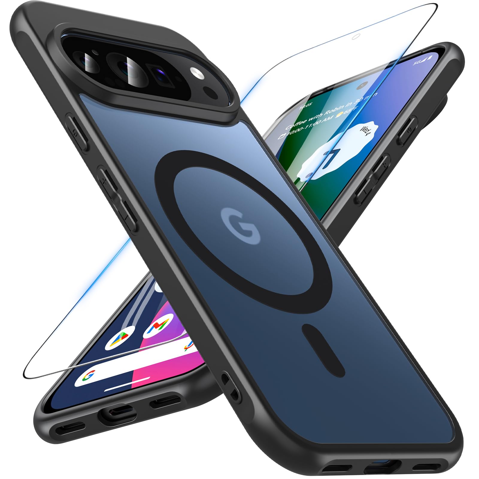Hensinple Magnetic Case for Google Pixel 10/Pixe 10 Pro with Tempered Glass, Compatible with Magsafe,Translucent Matte Shockproof Anti-Scratch Slim Case Cover for Pixel 10/10 Pro(Black) - Image 1