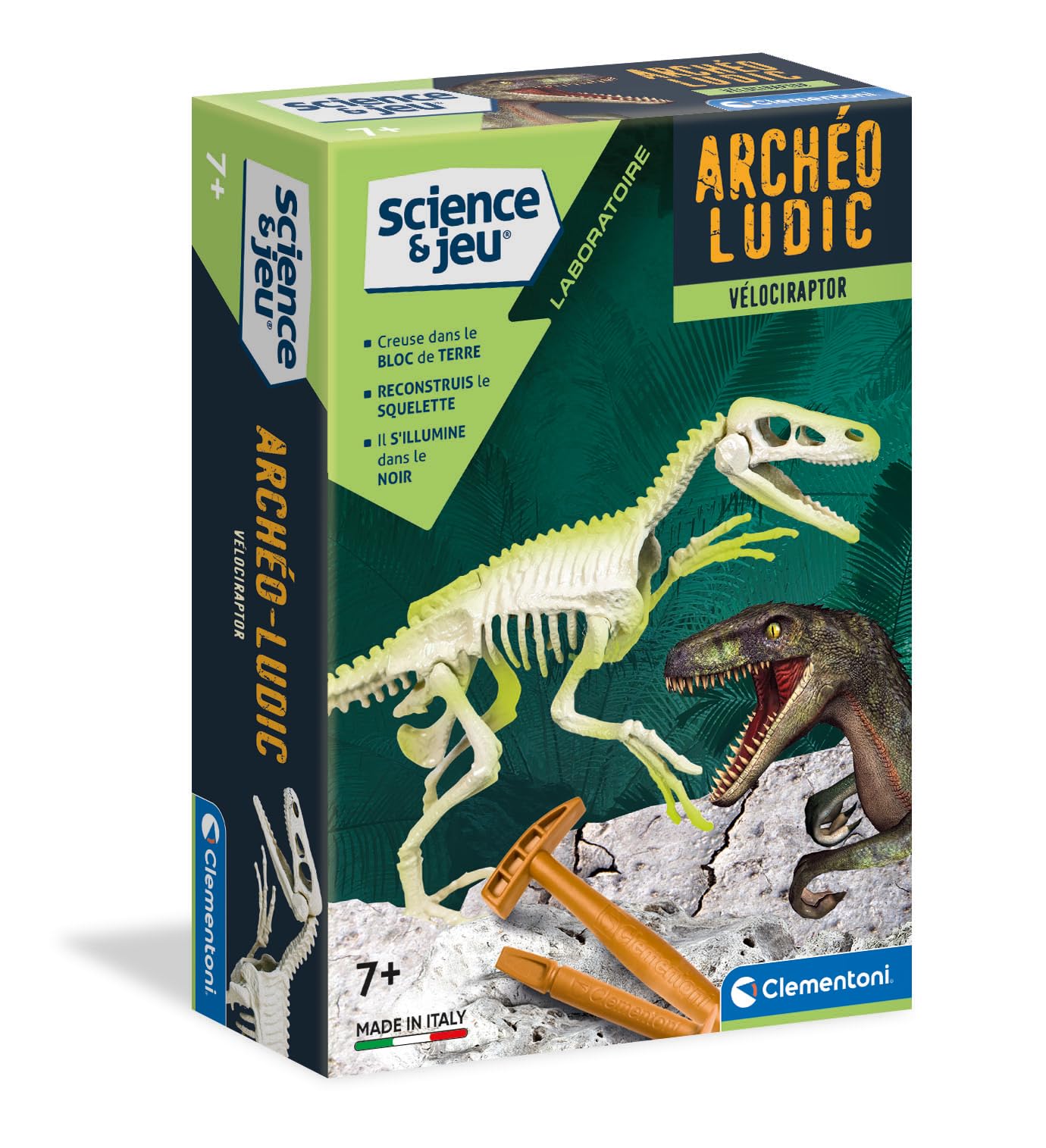 Clementoni | Archéo Ludic – Velociraptor 7+ | Dinosaur Educational Toy with Scientific Digging Kit | Luminous Skeleton to Rebuild | Child Paleontology Christmas Birthday Gift - Image 1