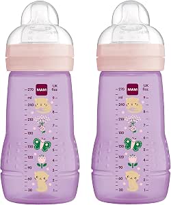 MAM Easy Active Baby Bottles, 270 ml, with MAM Teat, Size 1, SkinSoft Silicone, Baby Bottles with Ergonomic Shape, for Babies from 0 Months and Above, Cat/Butterfly Design - Image 1