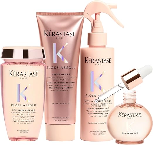 KÉRASTASE Absolute Gloss - Routine Shine - Hyaluronic Acid, Glycolic Acid & Wild Rose - Long & Frizzy-prone Hair - Bath 250 ml + Fondant 250 ml + Spray 190 ml + Oil 45 ml - Image 1