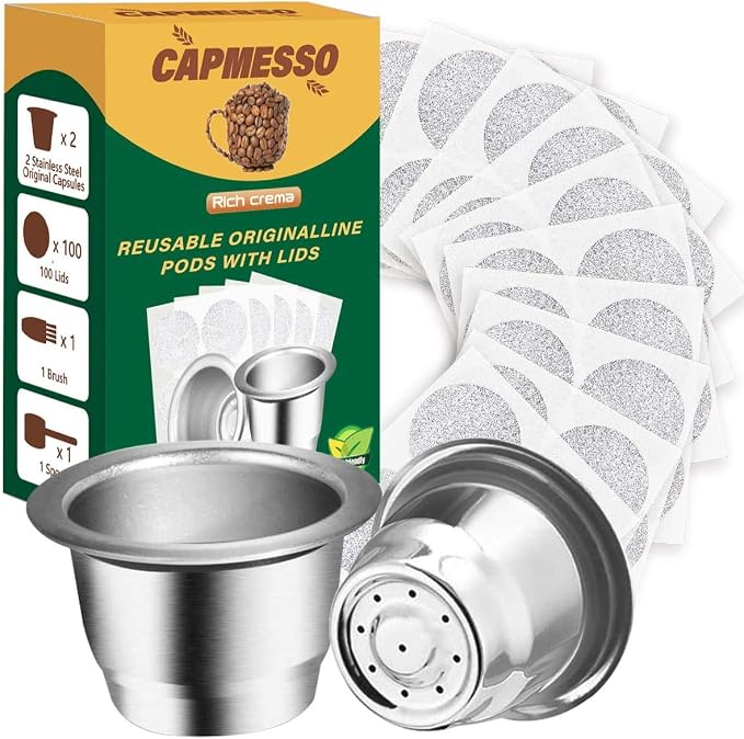 CAPMESSO Reusable Espresso Capsules Refillable Stainless Steel Coffee Capsules Compatible with Nespresso OriginalLine Coffee Machine (2 Pods+100 Lids). - Image 1