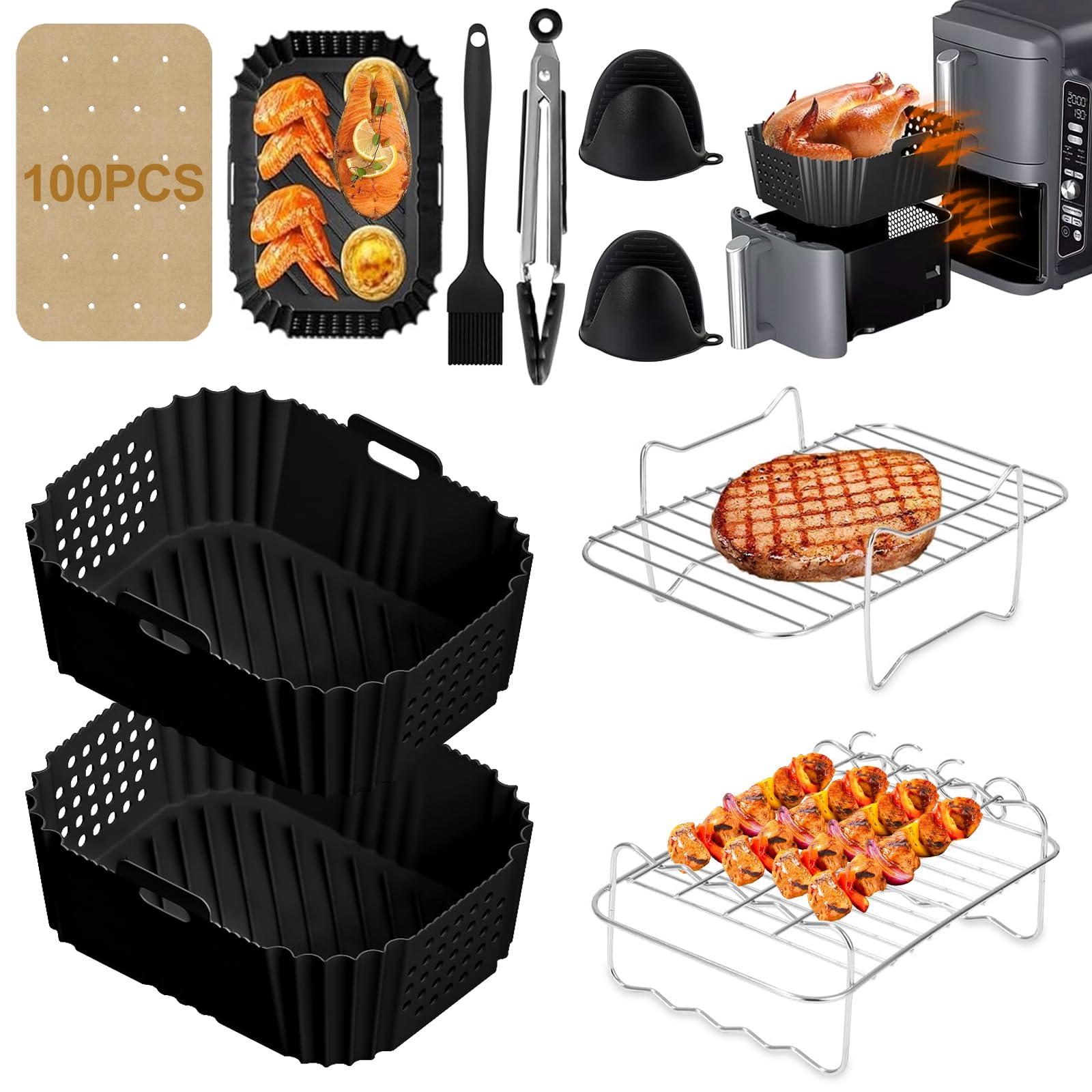 Silicone Air Fryer Mould for Ninja Double Stack SL400EU, 13pcs Silicone Air Fryer Accessories for Foodi Max Dual Zone 9.5L AF400EU, AF300EU 7.5L, Reusable, Oil-Free Fryer - Image 1