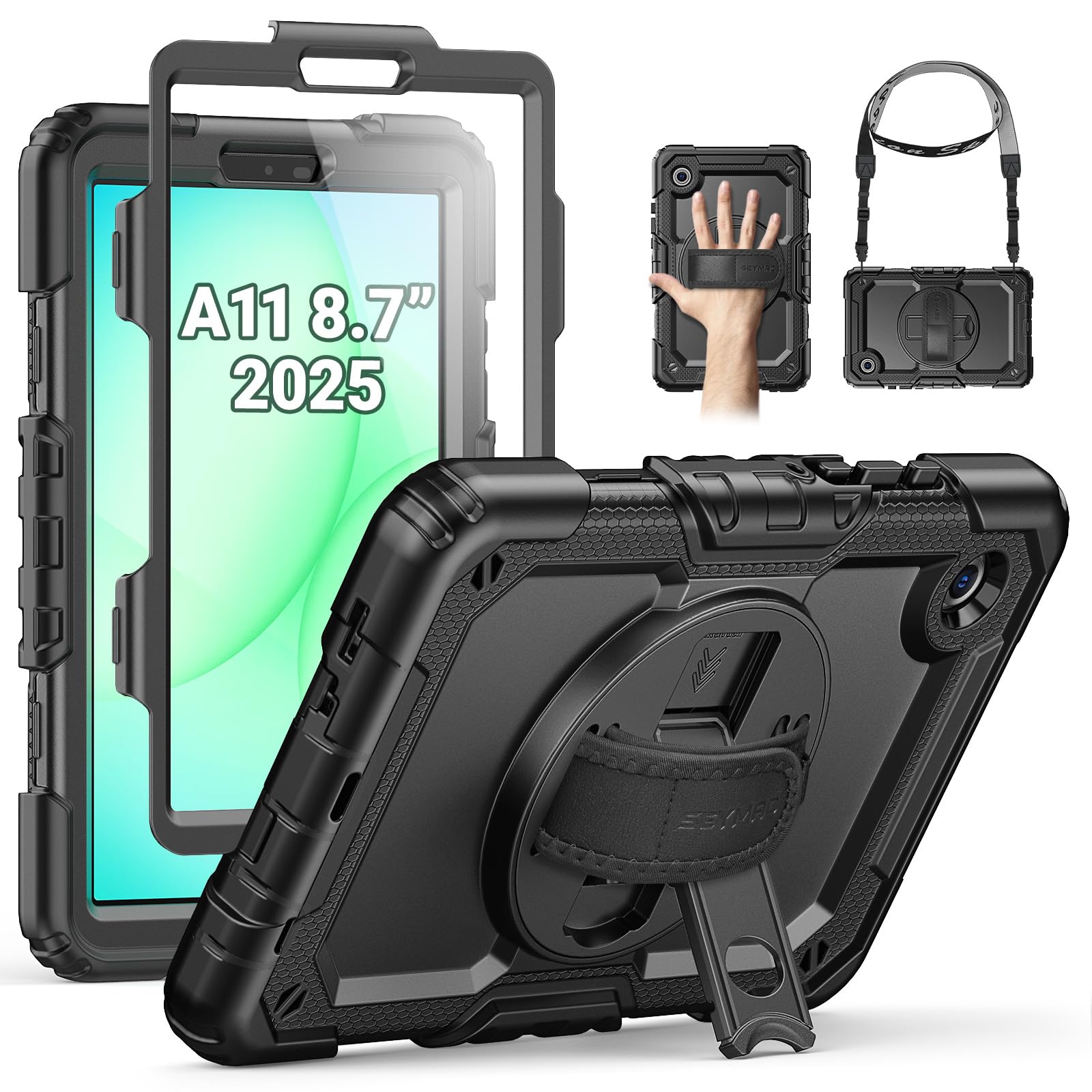SEYMAC Case for Samsung Galaxy Tab A11/A9 8.7 Inch 2025/2023, Shockproof Case for Galaxy A11 with Screen Protector, 360° Rotating Stand/Hand Strap, Shoulder Strap, with Pen Holder, Black - Image 1