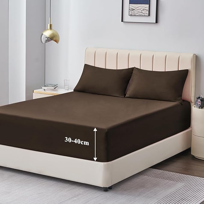Aisbo Fitted Sheet 140 x 190/200 cm Large 40 cm – Double Fitted Sheet 140 x 200/190 cm Large 40 cm Microfibre Oeko-Tex Mattress with Elastic All Around – Braun - Image 1
