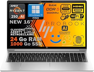 HP ProBook G1a Ordinateur Portable AI, Ryzen 7 250 5.1 GHz, RAM 24Go DDR5, SSD 1To, Écran 16" FHD, WiFi7, Radeon 780M, Empreinte Digitale, CAM 5MP, Clavier AZERTY Rétroéclairé, Aluminium, Win11 Pro - Image 1