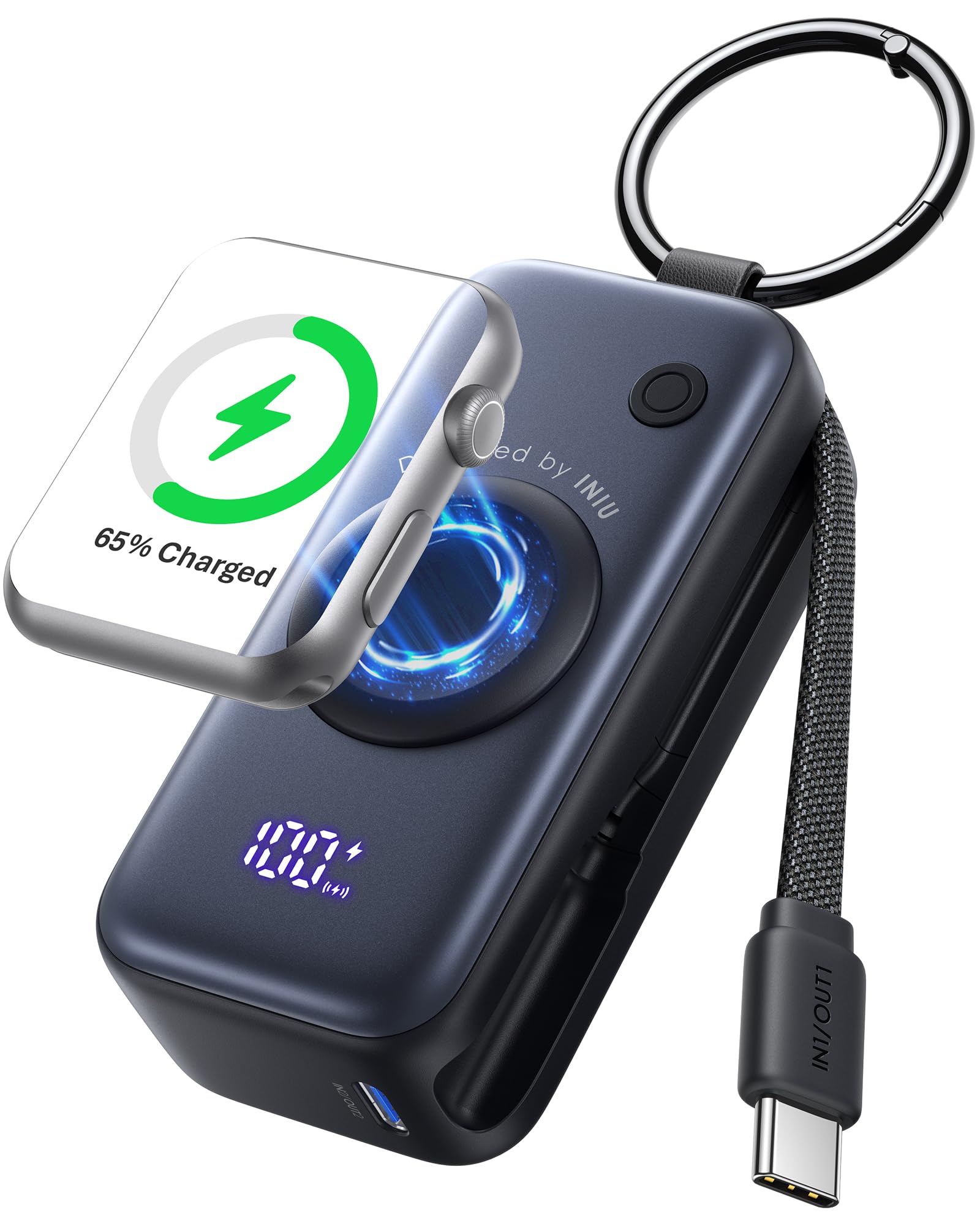 INIU Power Bank for Apple Watch, 5000 mAh Mini Portable Charger, External Battery with Integrated Cable, Slim Battery with Keychain and LCD for iWatch 10/9/8/Ultra2/Ultra/SE, iPhone 16/15 etc - Image 1