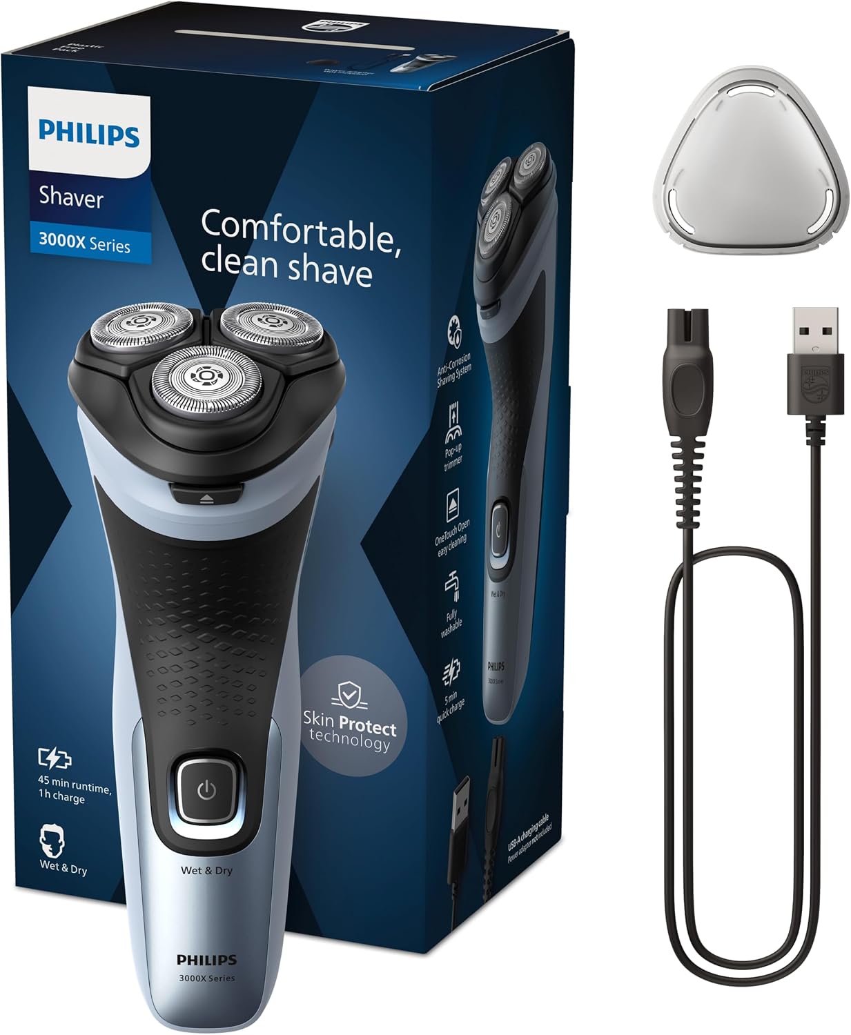 Philips Electric Shaver Series 3000x - rasoir électrique Wet & Dry pour hommes, couleur Bleu céleste, technologie SkinProtect, tondeuse rétractable, rasoir ergonomique pour hommes (modèle X3053/00) - Image 1