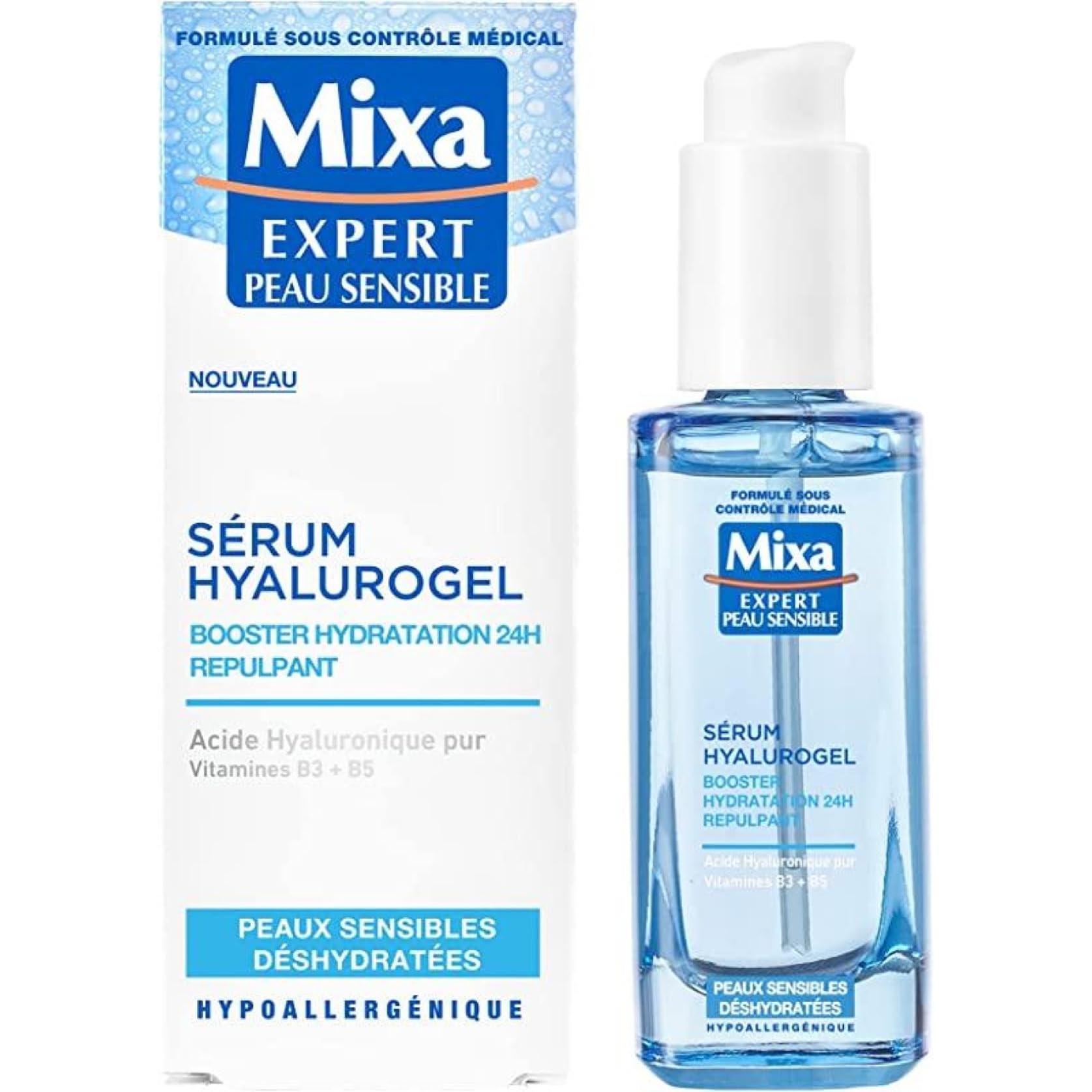Mixa - Sérum Booster d'Hydratation Hyalurogel - Pour Peaux Sensibles Déshydratées - Hydratant 24h, Repulpant - À l'Acide Hyaluronique Pur, Vitamines B3 + B5 - Hypoallergénique - 30 ml - Image 1