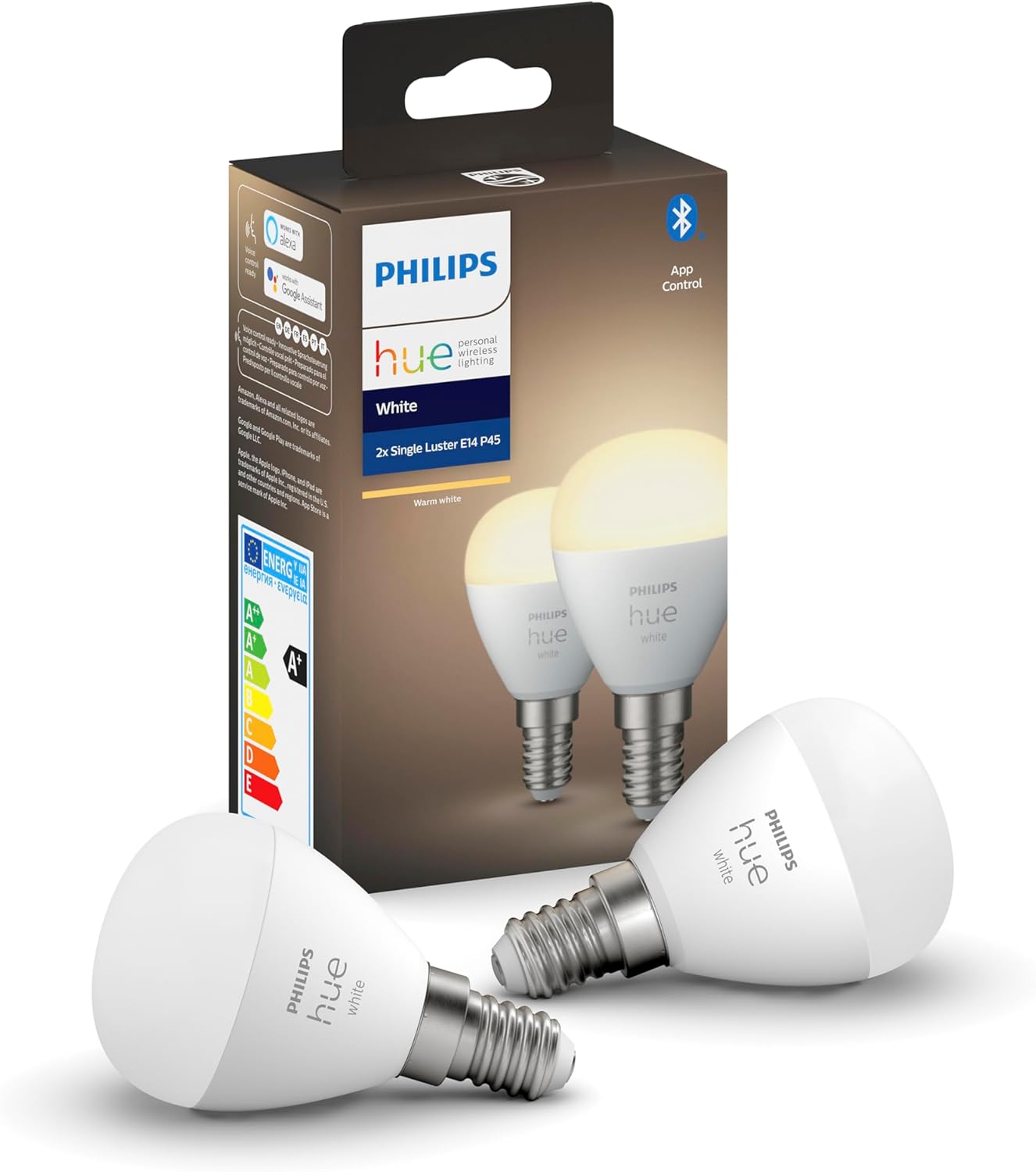 Philips Hue White, Luster E14 Smart LED Bulb, Bluetooth Compatible, 2-Pack, Works with Alexa, Google Assistant and Apple Homekit, Tint-White - Image 1