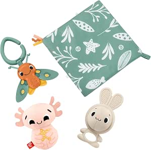 Fisher-Price Sensory Set with 4 Sensory Toys for Fine Motor and Sense Stimulation, Teething Ring, Axolotl Plush, Butterfly Rattle, Baby Toy, HRB17 - Image 1
