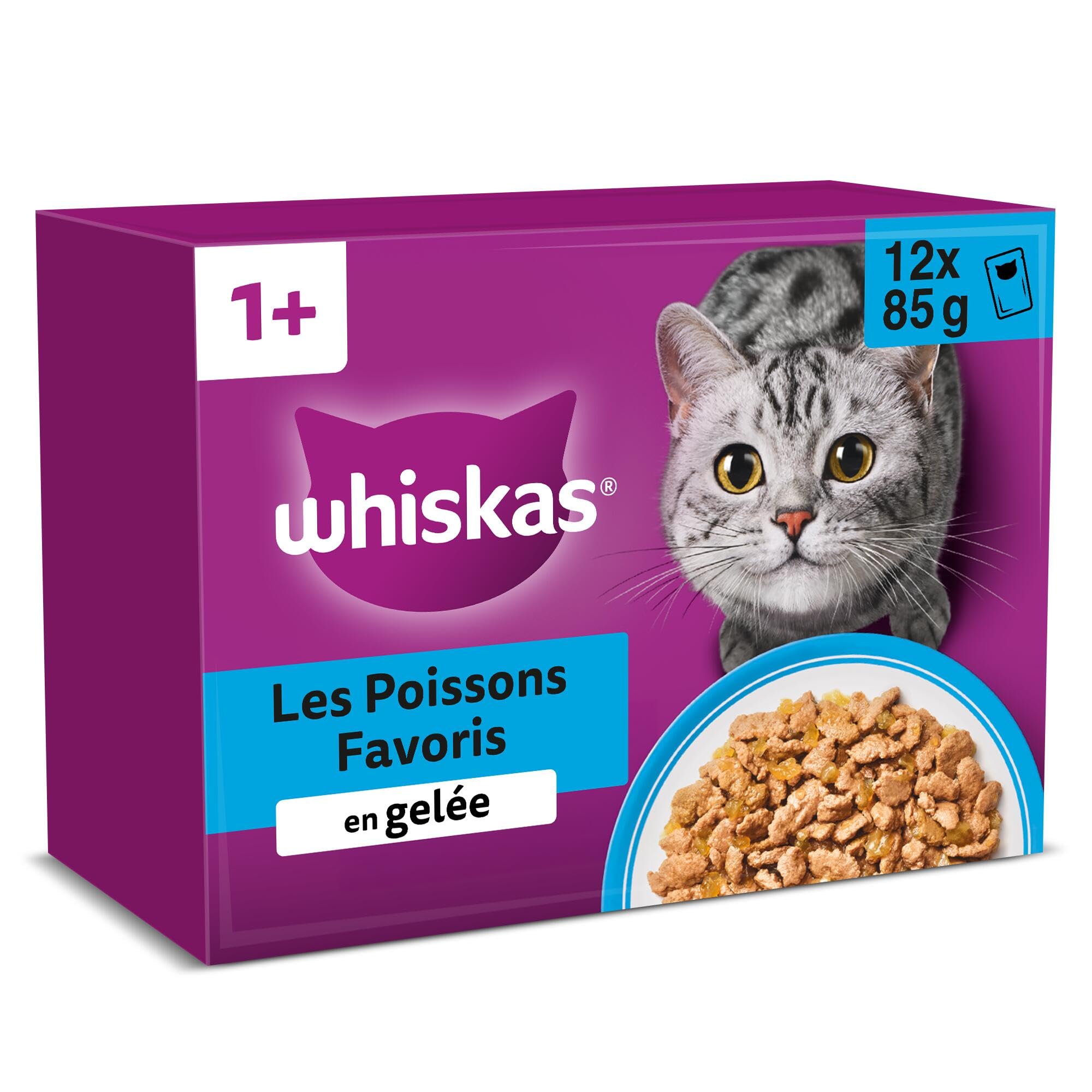 WHISKAS Cat Meal - 48 Freshness Sachets (Pack of 4 Packs 12 x 85g) - Favorite Fish (4 Varieties) - Food for Adult Cats in Jelly - Image 1