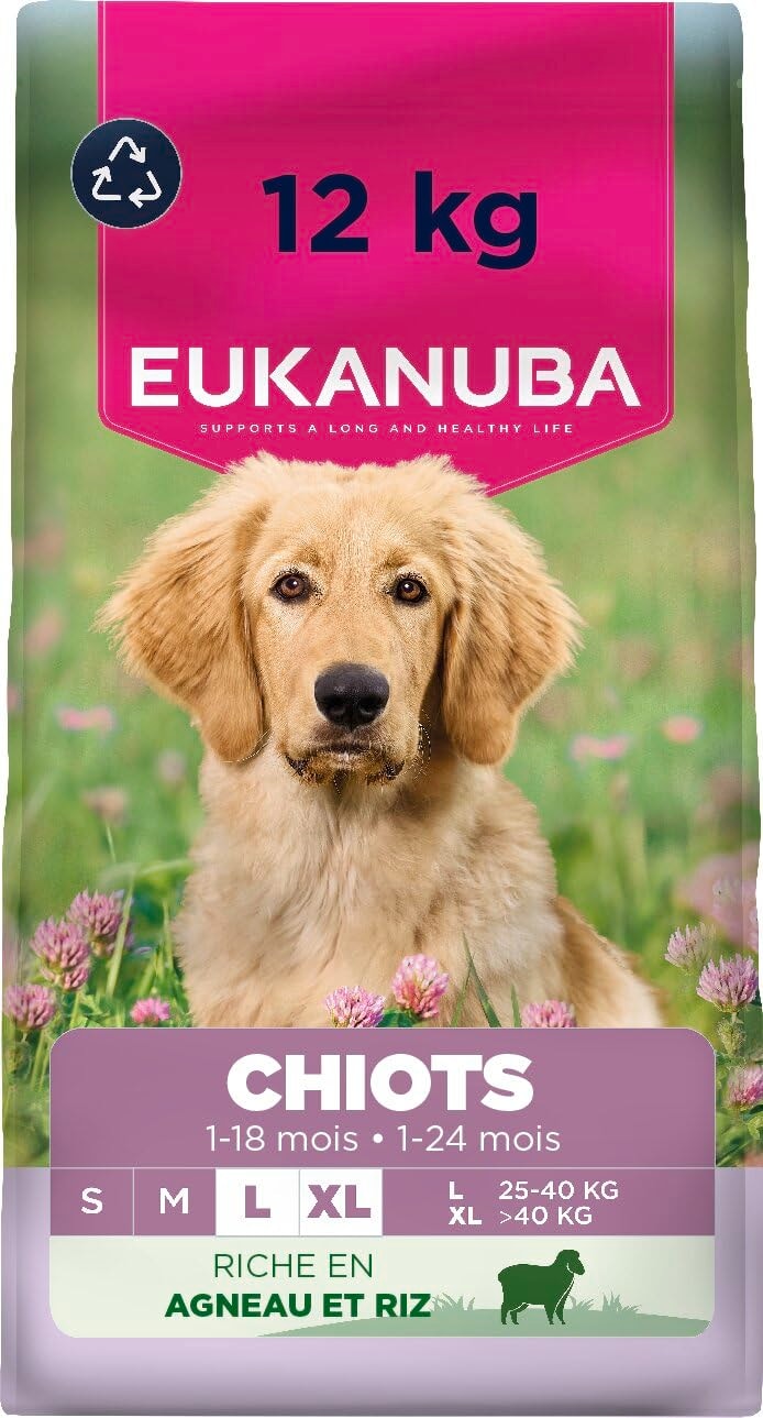 EUKANUBA Life Care Puppy/Junior Large Breed Food 1 to 18 Months, Giant Breed 1 to 24 Months, Rich in Lamb & Rice, DHA, Calcium, Omega 3&6, FOS, MOS, No Dyes, Artificial Flavours or GMOs - 12kg - Image 1