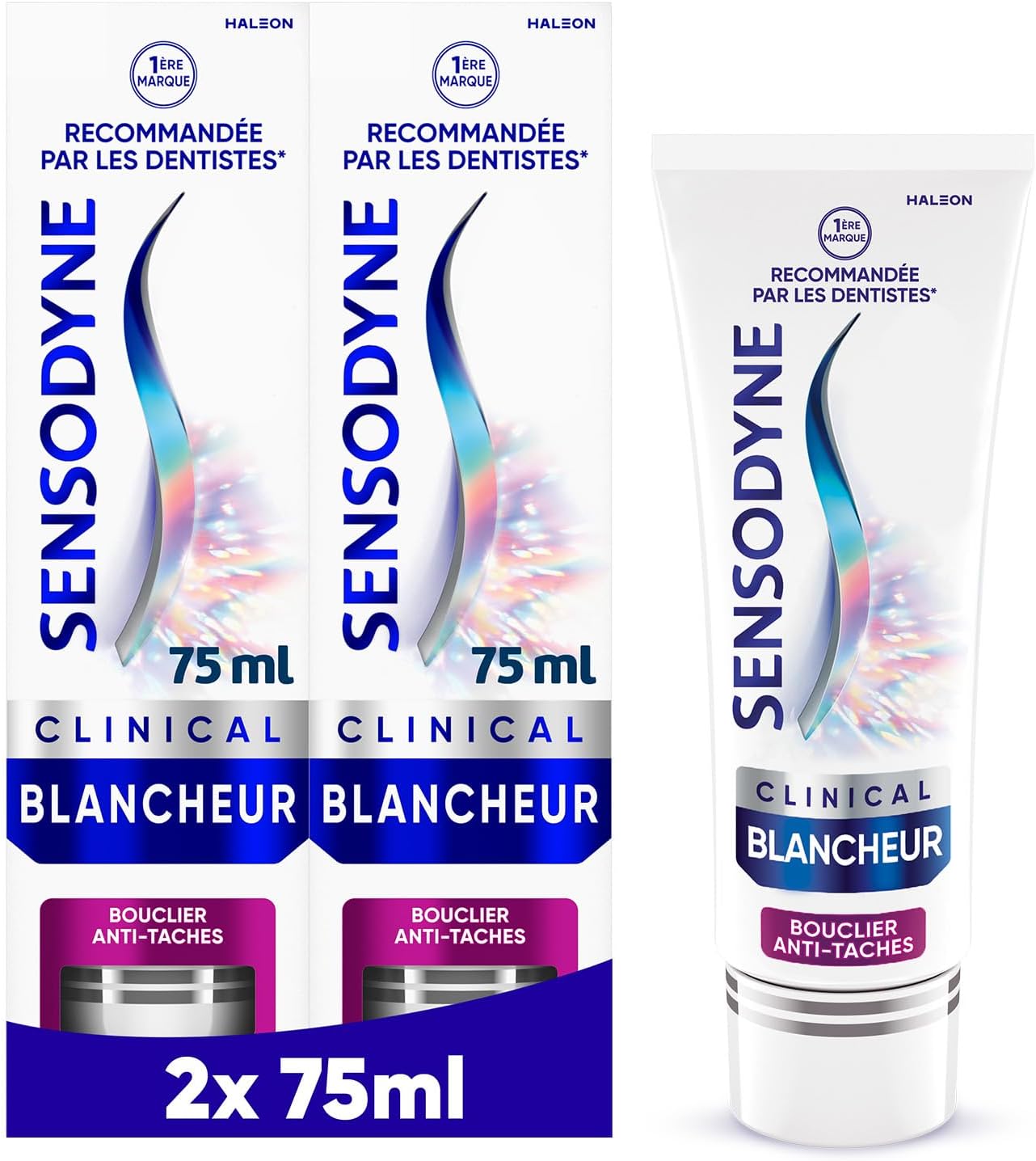 Sensodyne Professional Blancheur, Dentifrice blanchissant cliniquement prouvé pour les dents sensibles visiblement plus blanches, Bouclier Anti-tâches Menthe, Pack de 2 x 75 ml - Image 1