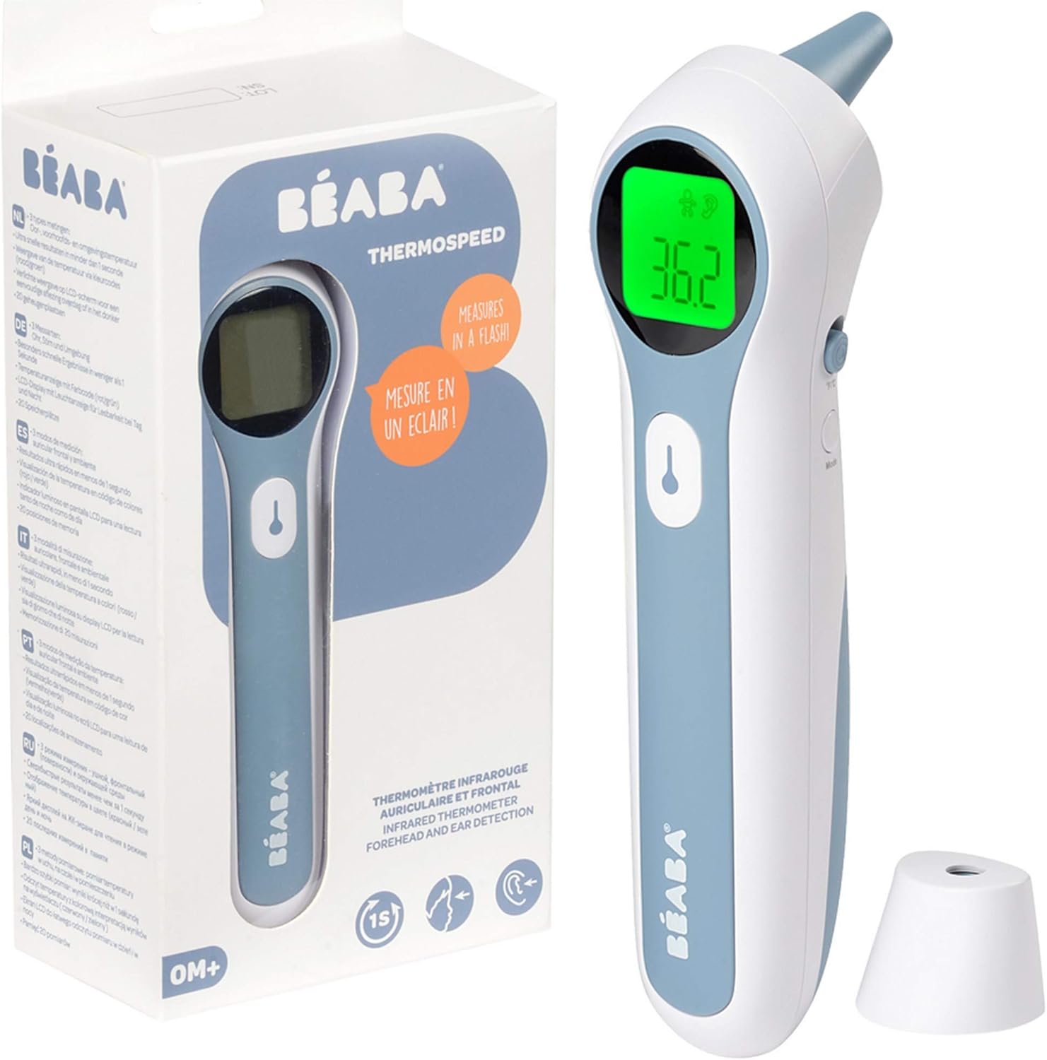 BÉABA FRANCE, Infrared Non-Contact Digital Thermometer, Children, Baby, Adult, Forehead, Auricular, Ambient, Colour Code Reading, LCD, Fever Alert, Memory Function, Thermospeed - Image 1