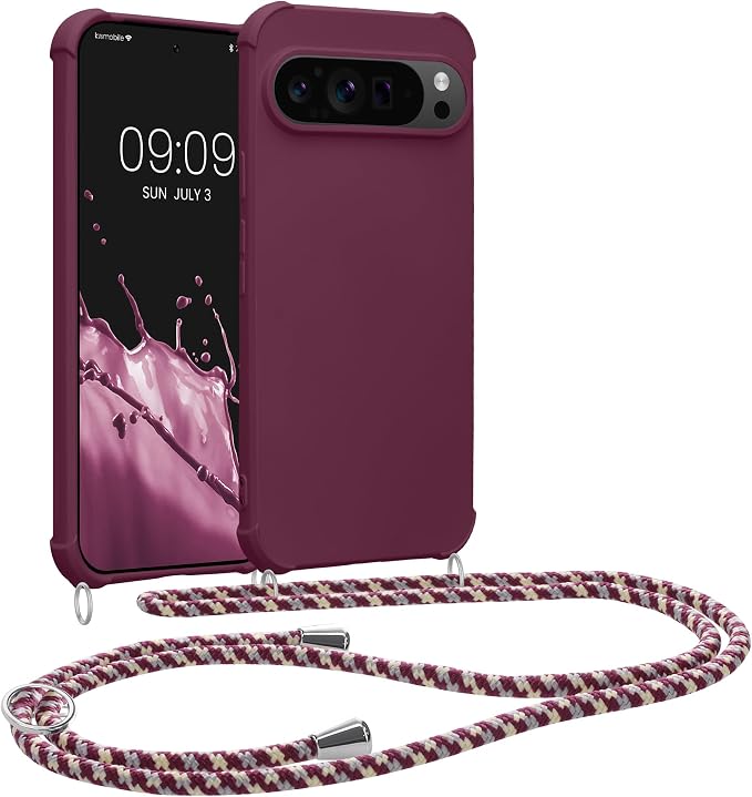 kwmobile Necklace Case Compatible with Google Pixel 9 / Pixel 9 Pro - Silicone Case Cover with Necklace Burgundy Purple - Image 1