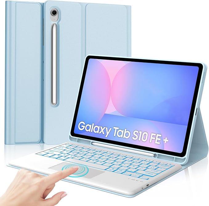 IVEOPPE Keyboard Case for Samsung Galaxy Tab S10 FE+ Plus 13.1 Inch 2025, Backlit 7 Colours French Azerty Bluetooth Detachable Keyboard Case with Touchpad Bluetooth Keyboard, Sky Blue - Image 1
