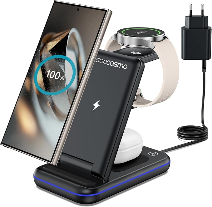 seacosmo 3 in 1 Induction Charger for Samsung S25/S24/S23/S22 Plus/Ultra/Z Flip/Z Fold 7/5/3, Wireless Charger for Galaxy Watch 8/7 Pro/5/4/Active, Galaxy Buds Charging Station - Black - Image 1