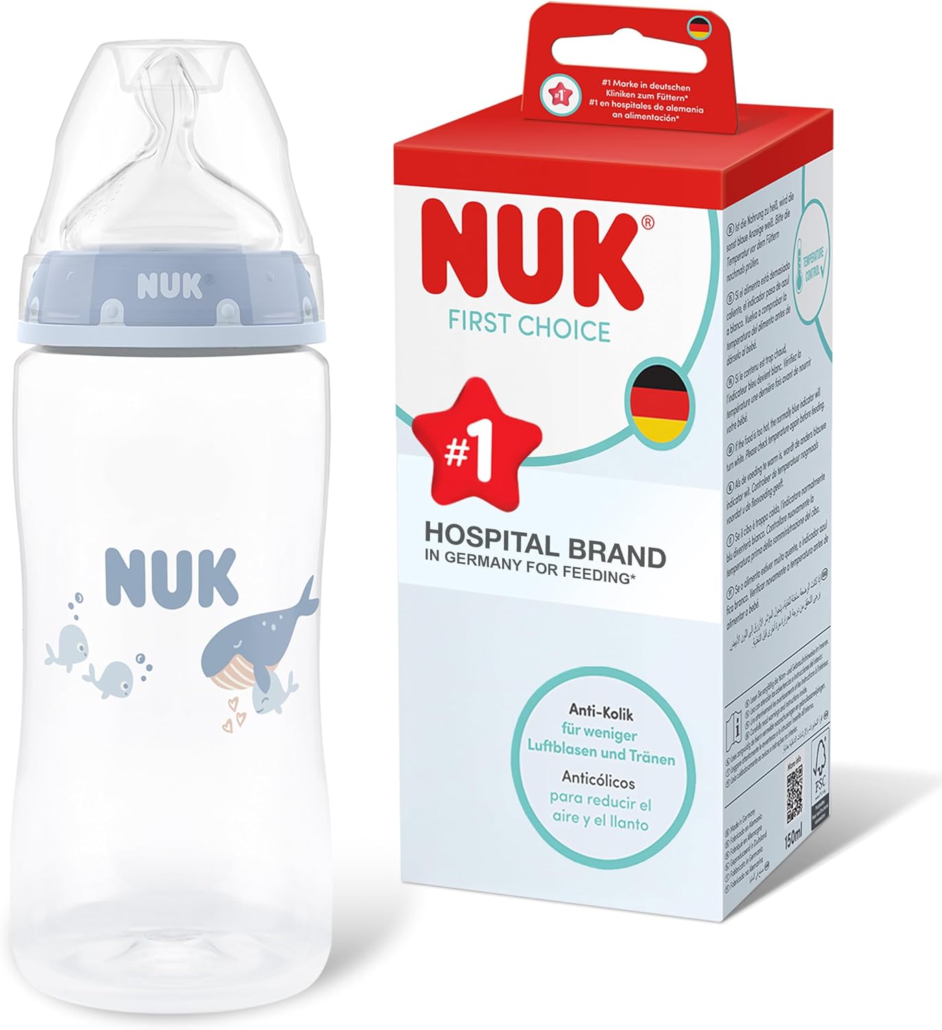 NUK First Choice Baby Bottle | 3+ Months | 300ml | Anti-Colic Bottle | PP | Temperature Control Indicator | Whale | Pack of 1 - Image 1