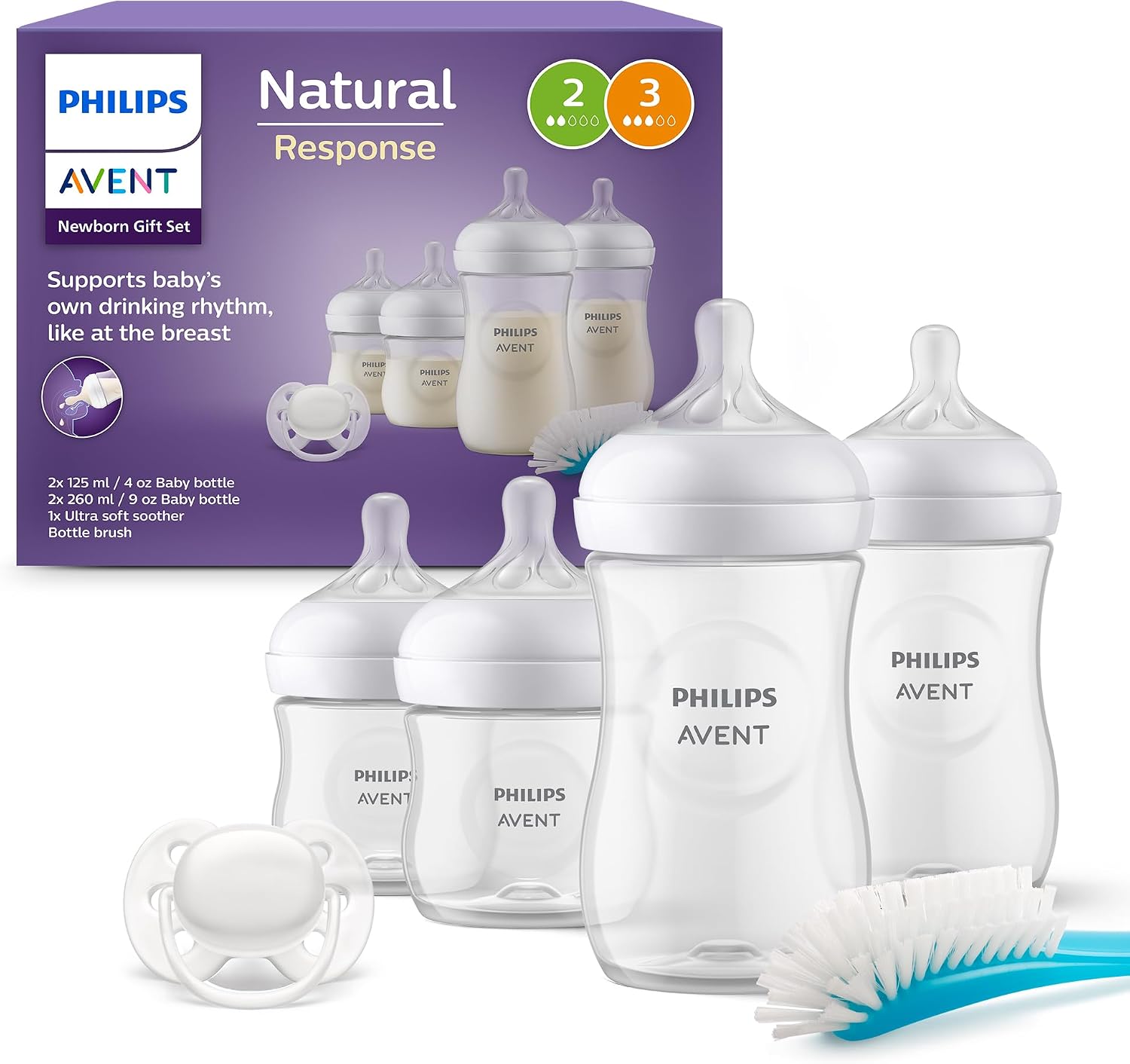 Philips Avent Kit biberons pour nouveau-né – 4 biberons Réponse Naturelle, sucette ultra-douce et goupillon pour les bébés âgés de 0 à 12 mois (modèle SCD838/11) - Image 1