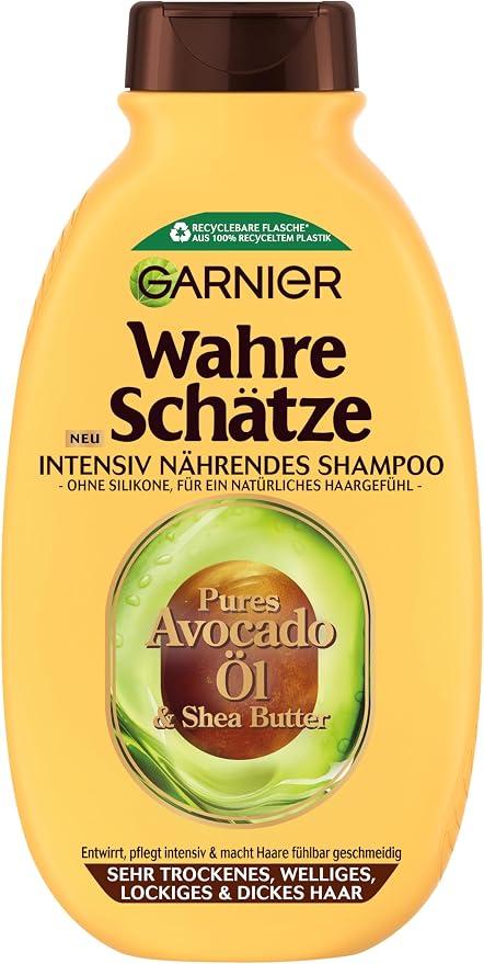 Garnier Wahre Schätze Intense Nourishing Shampoo with Pure Avocado Oil and Shea Butter for Dry Hair, Silicone-Free, For All Types of Curls, Extra Softness, 250 ml - Image 1