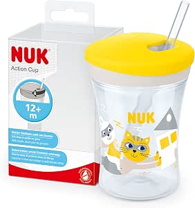 NUK Action Cup for Kids | 12+ Months | Soft Straw with Screw Lid | Leak Proof | 230 ml | Cat (Yellow) - Image 1