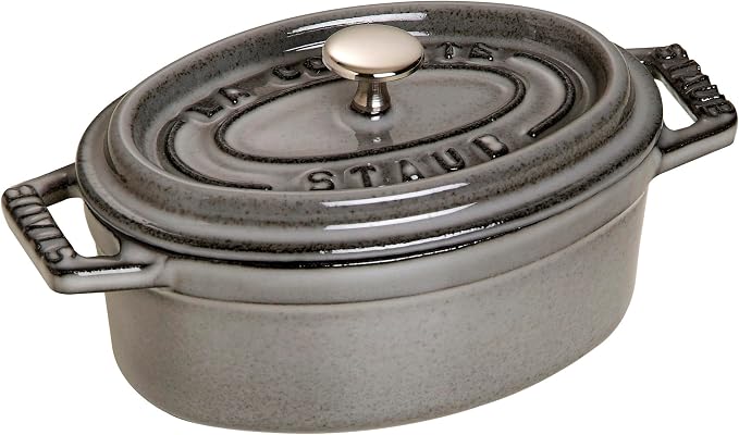STAUB Enamelled Cast Iron Mini Casserole Dish with Lid, Suitable for All Heat Sources Including Induction, Oval, 11 cm, 0.25 L, 1 kg, Graphite Grey - Image 1