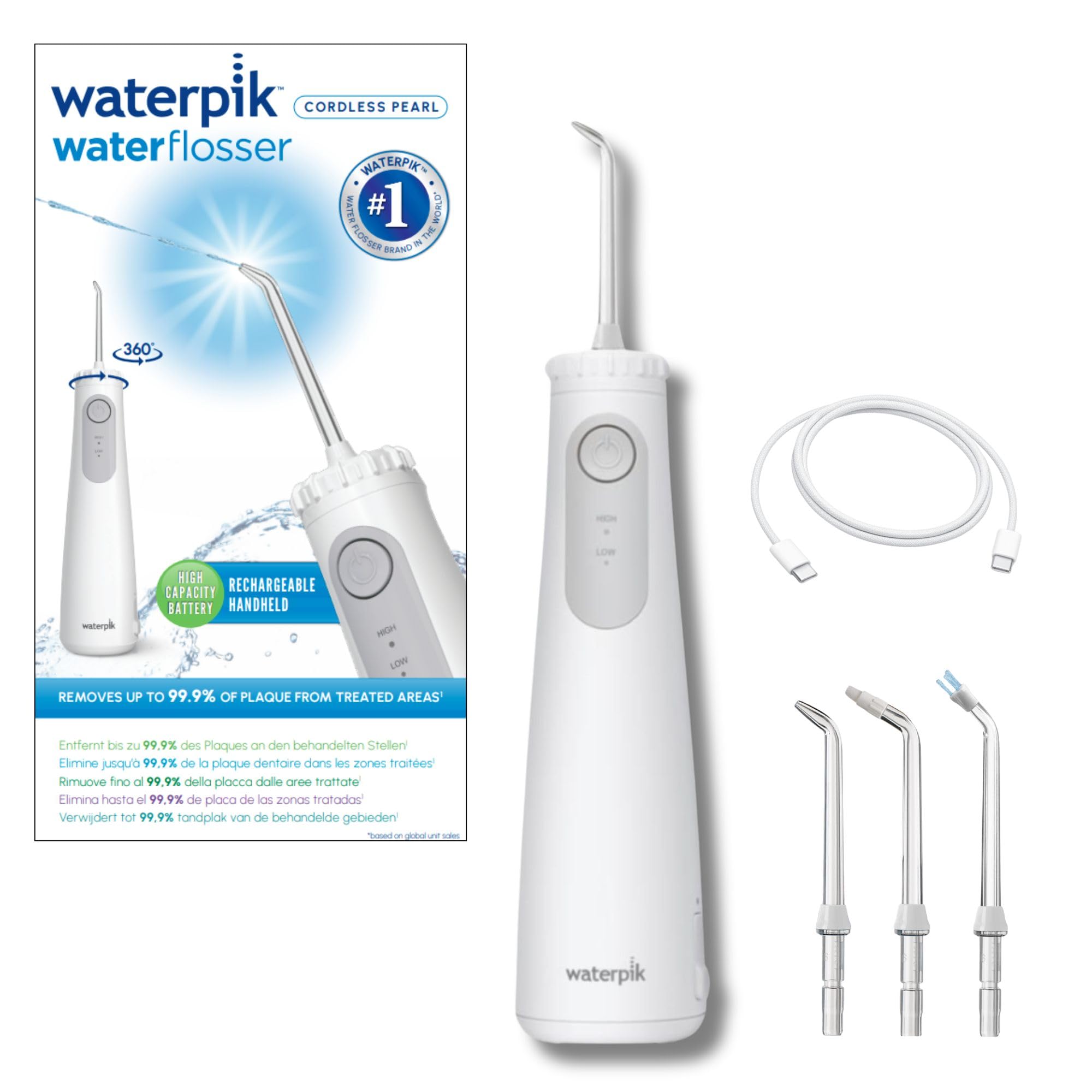 Waterpik WF-27 Pearl, UFSBD Recommended Cordless Irrigator, Rechargeable Dental Jet, Removes Plaque, 2 Pressure Levels, 60 Seconds Cleaning, 3 Tips Included, Waterproof, White - Image 1