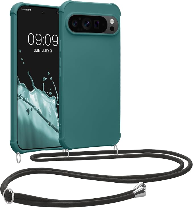 Kwmobile Necklace Case Compatible with Google Pixel 9 / Pixel 9 Pro - Silicone Cover with Collar Petrol - Image 1