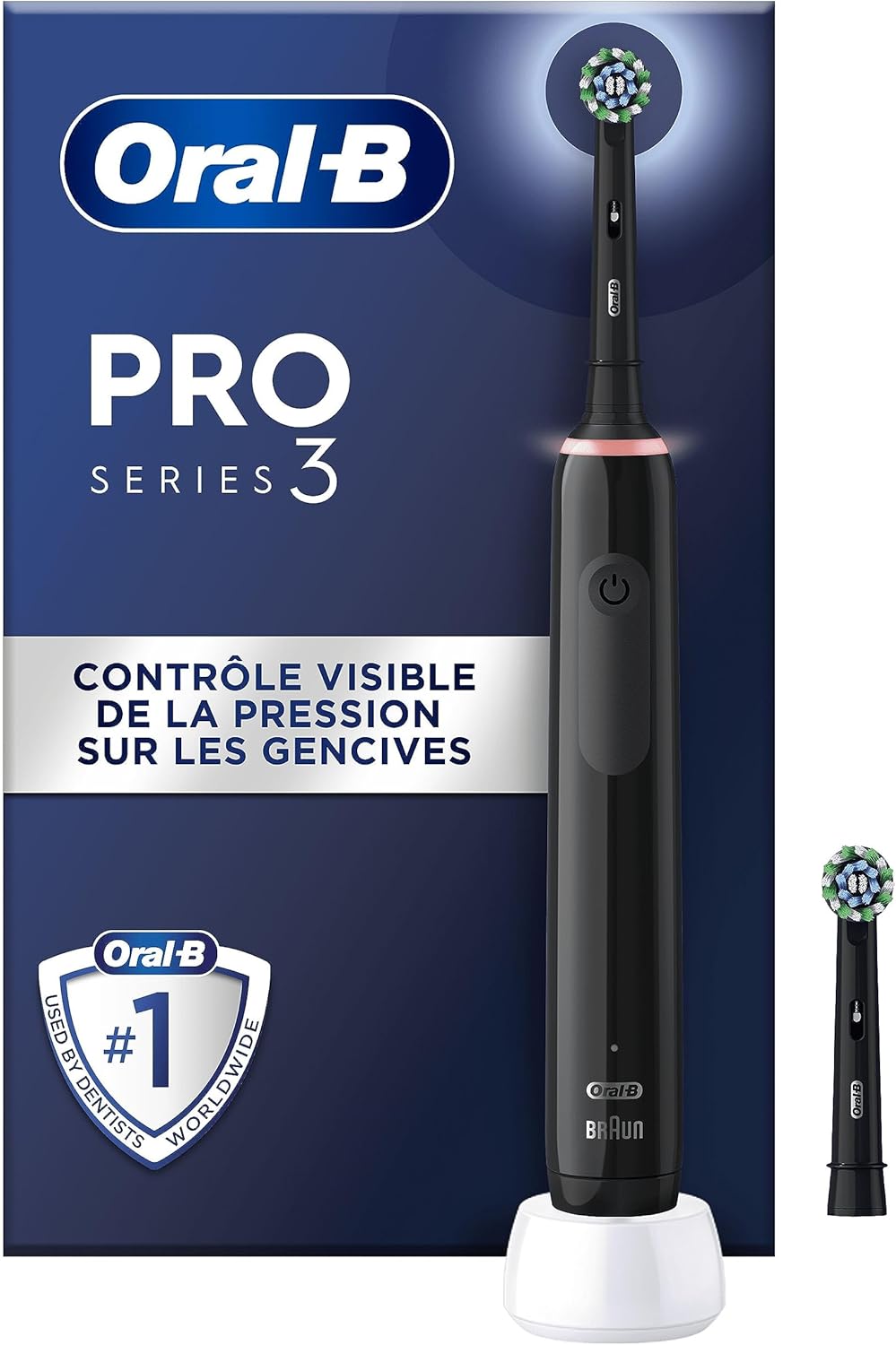 Oral-B Pro 3 3000 Brosse À Dents Électrique Oscillo-Rotative, Capteur De Pression Pour Protéger Les Gencives Sensibles, Mode Blancheur, 2 Brossettes Rondes De Rechange, 1 Chargeur, Noire - Image 1