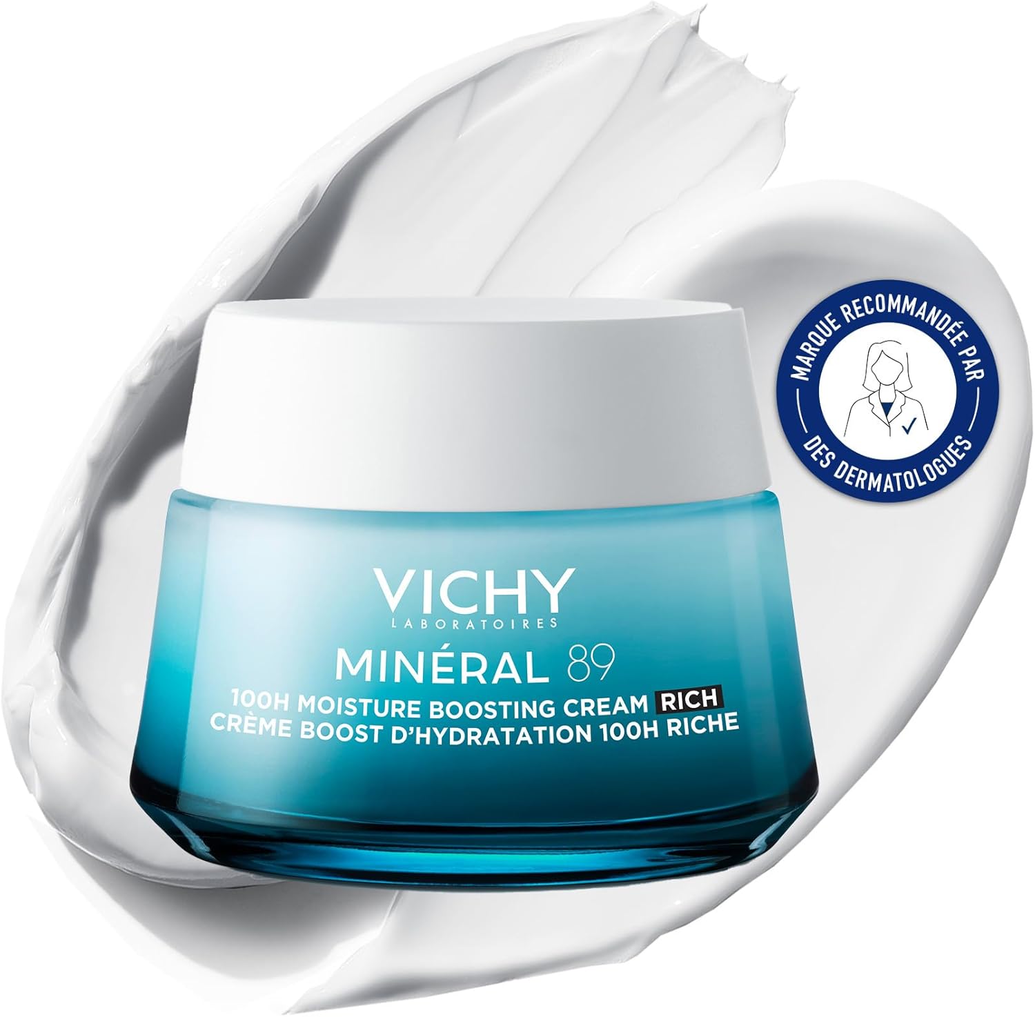 Vichy, Minéral 89, Crème Riche Boost Visage, Hydratation 72H, Enrichie en Acide Hyaluronique & Squalane, Pour Peaux Sèches, 50 ml - Image 1