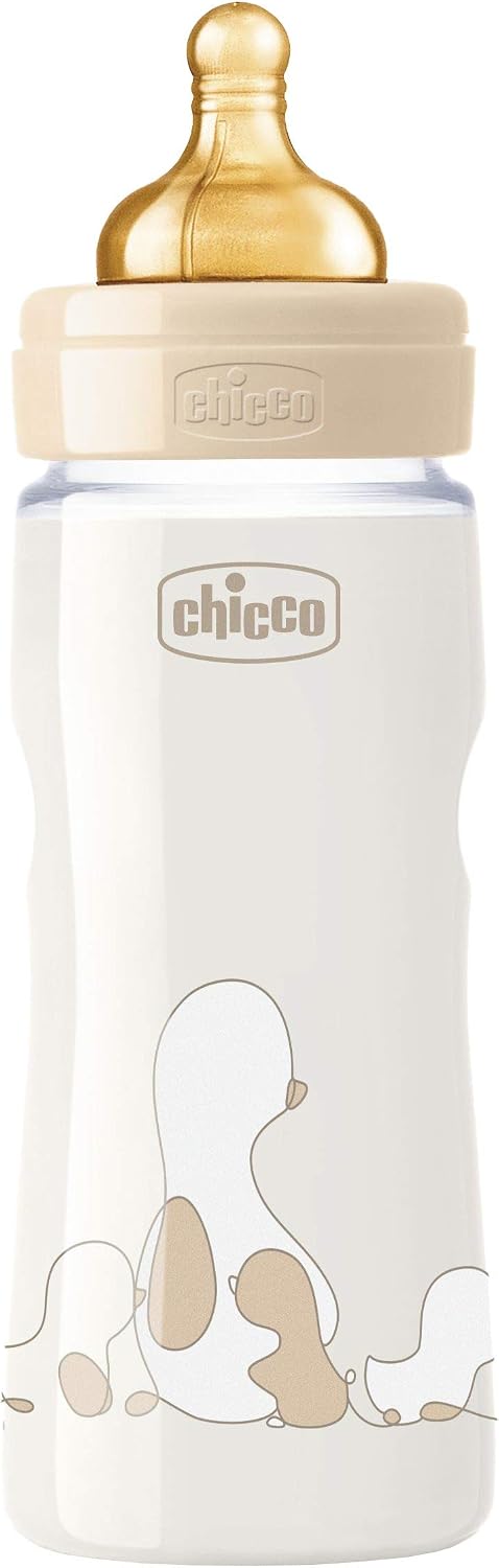 Chicco Original Touch Anti-Colic Bottle with Rubber Teat, 100% Natural Rubber Teat, 4 Months Adjustable Flow Bottle + Bottle with Plastic Bottle 330 ml, Beige - Image 1