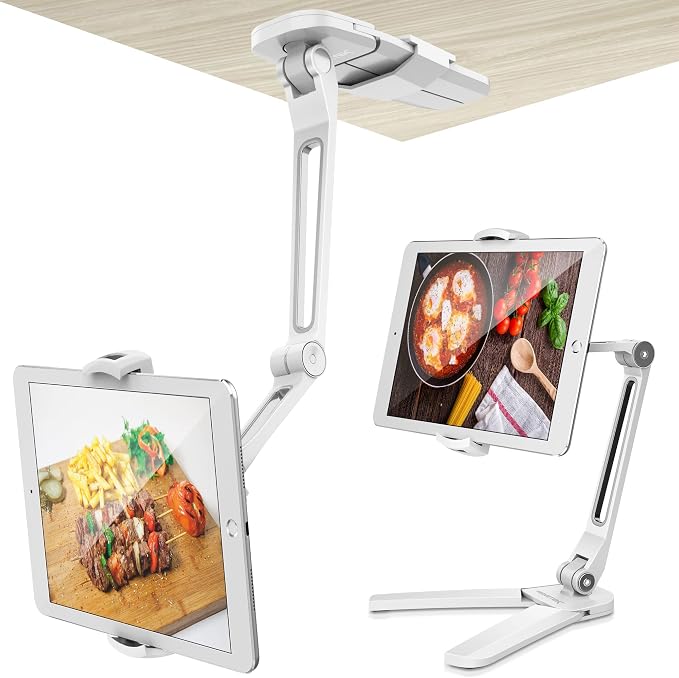 AboveTEK Tablet Stand – 2 in 1 Kitchen Wall Mount with Multi Angle 360 Degree Rotation for iPad iPhone Samsung (4.7-13.5 Inch) – White - Image 1