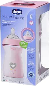 Chicco Natural Feeling 6M Plus Anti-Colic Baby Bottle 330 ml with Silicone Nipple – Fast Flow – Pink - Image 1