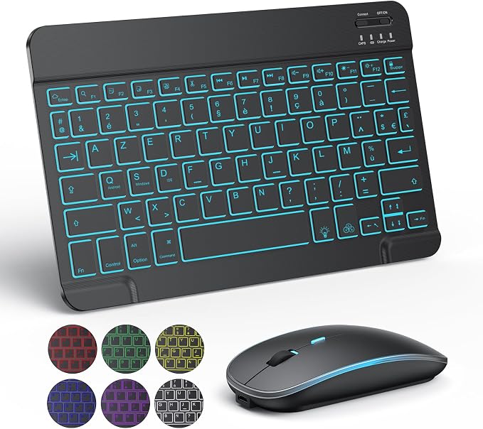 Wireless Mouse TECURS Keyboard for iPad/Samsung/Lenovo/iPhone Tablet Silent Backlit, Bluetooth Keyboard and Mouse Lightweight Rechargeable Portable AZERTY for iOS, Android (Black) - Image 1