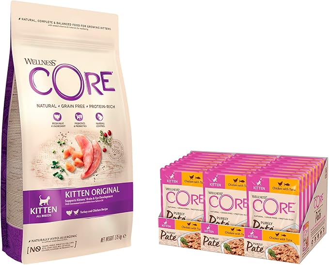 Wellness Core Kitten Pack: Natural & Enriched with DHA, 2.75 kg + 24 Unctuous Kitten Food Sachets, Natural, Enriched with DHA, Chicken & Tuna - Image 1